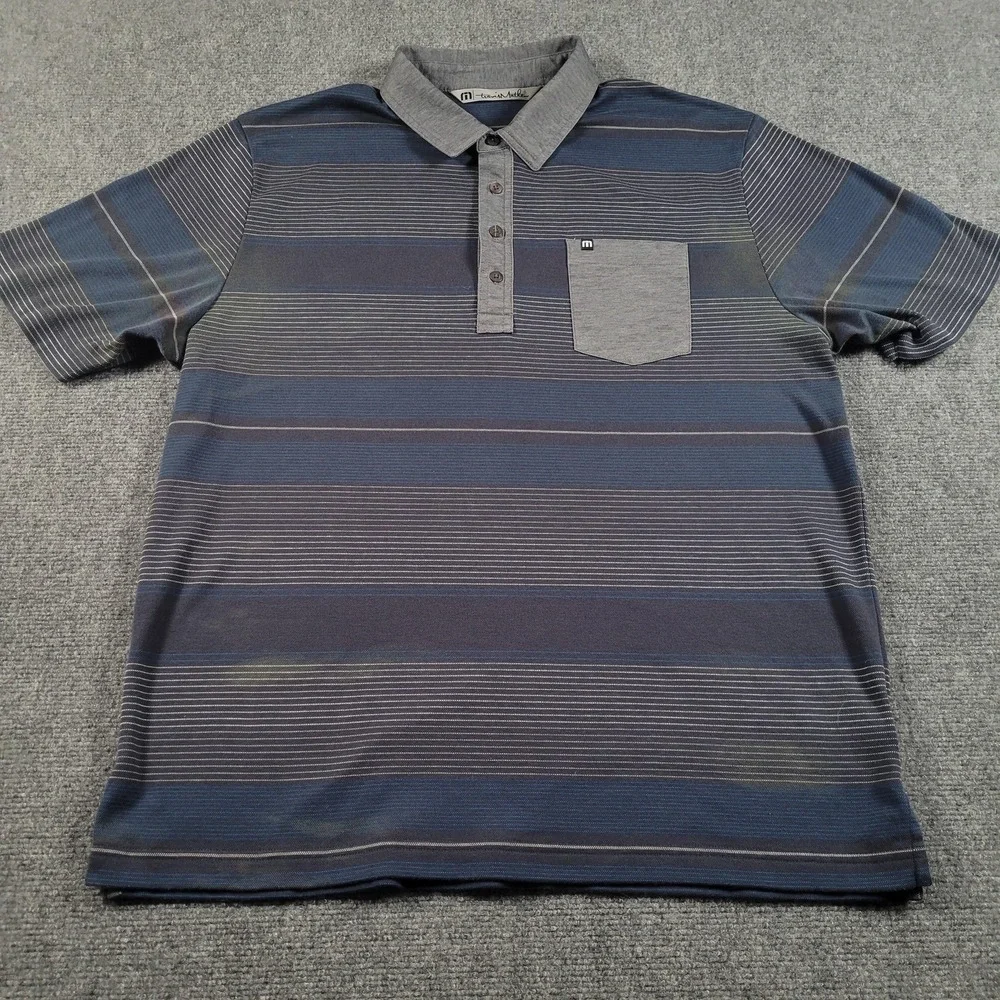 Travis Mathew Polo Shirt Mens Large‎ Blue Gray Striped Golf Pima Cotton Pocket